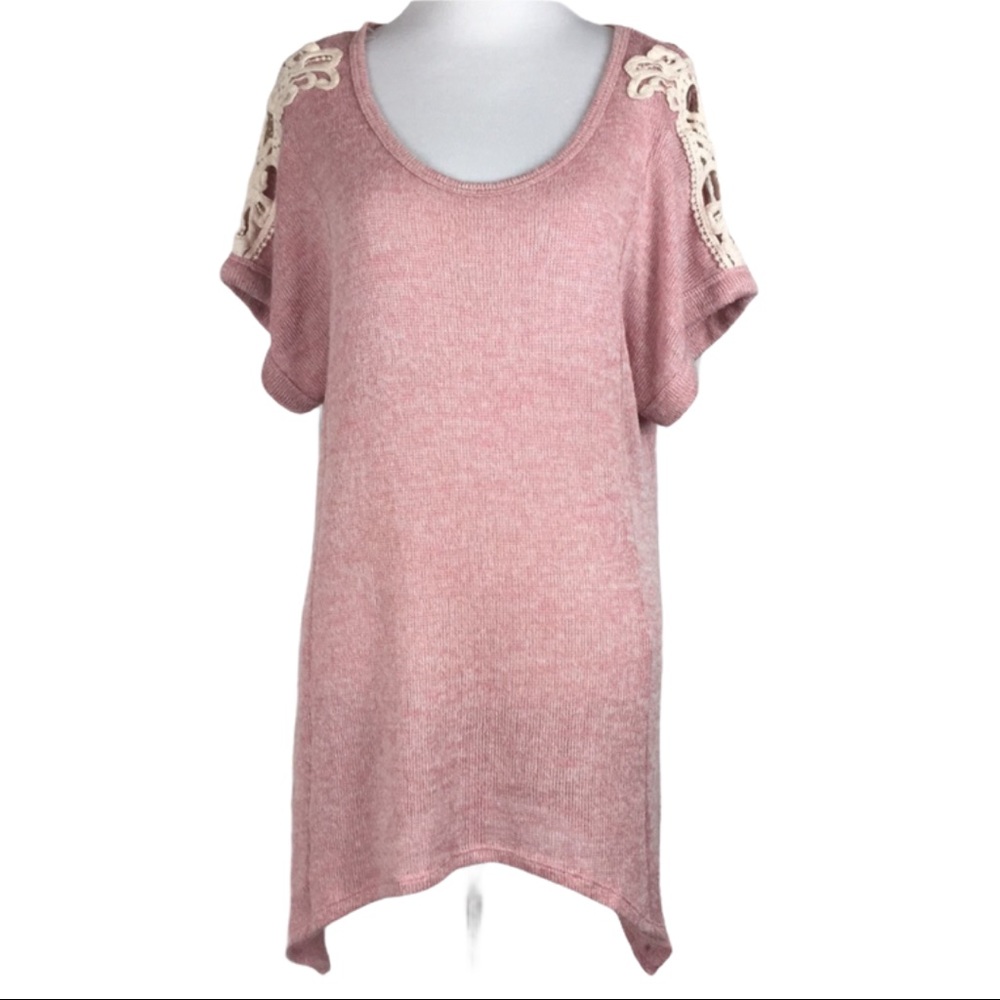 Naif sweater. Handkerchief hem. Crochet shoulder.